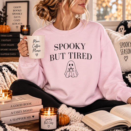 Spooky But Tired Crewneck, Ghost Coffee Sweatshirt, Halloween Crewneck