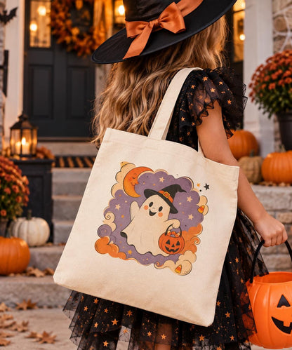 Personalized Kids Trick or Treat Bag, Halloween Ghost Tote Bag, Custom Name Halloween Candy Bag