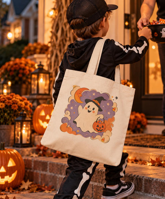 Personalized Kids Trick or Treat Bag, Halloween Ghost Tote Bag, Custom Name Halloween Candy Bag