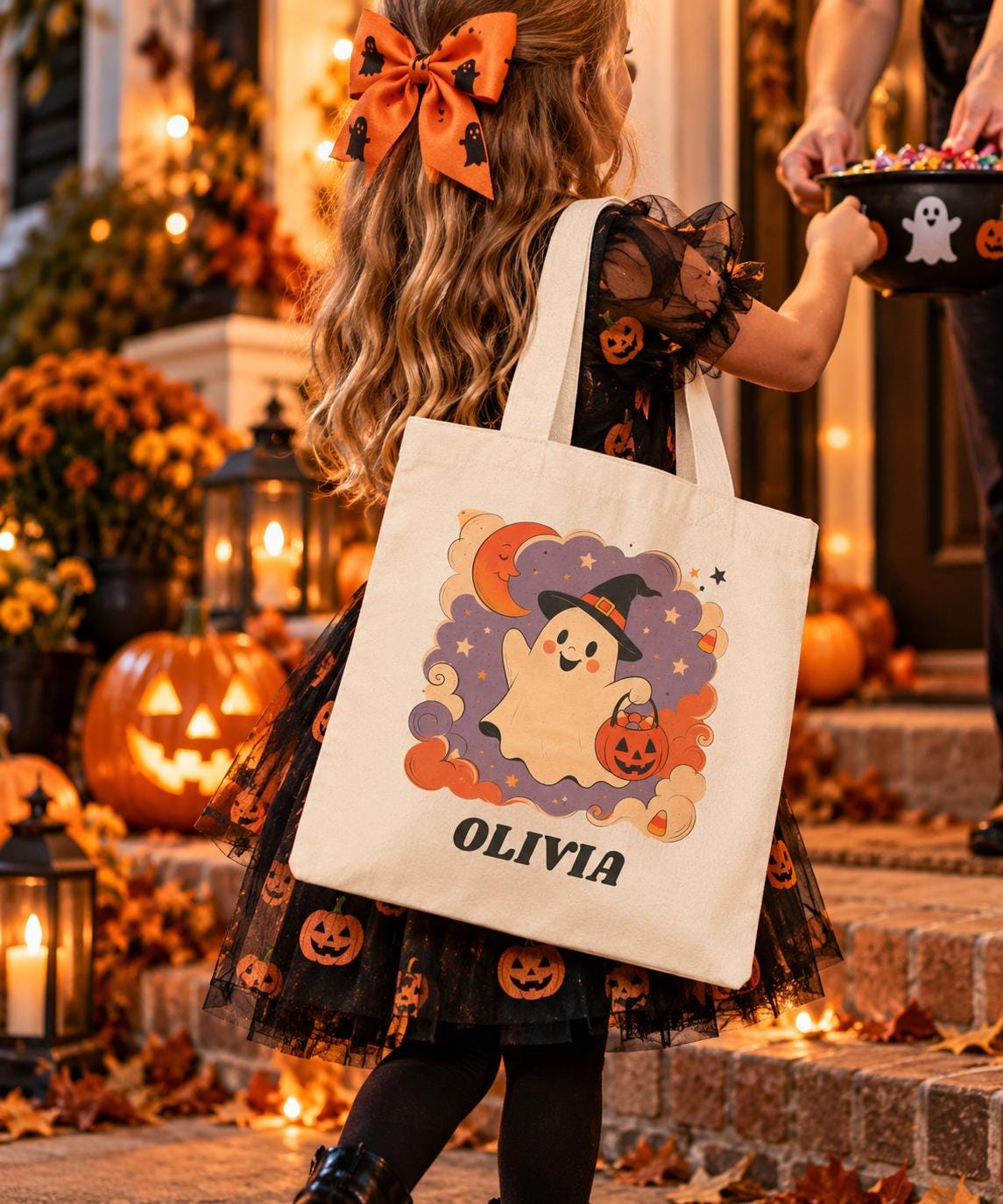 Personalized Kids Trick or Treat Bag, Halloween Ghost Tote Bag, Custom Name Halloween Candy Bag