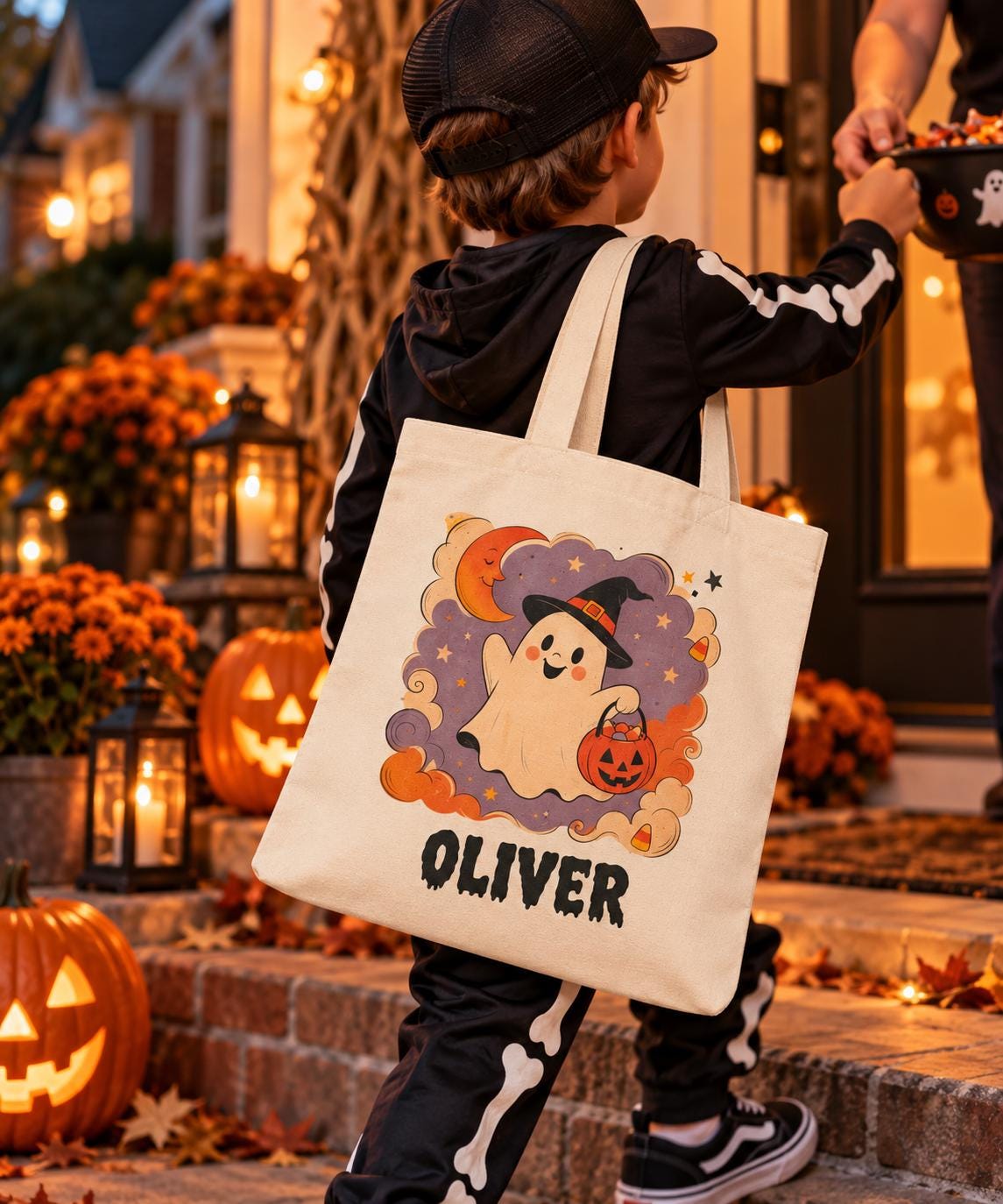 Personalized Kids Trick or Treat Bag, Halloween Ghost Tote Bag, Custom Name Halloween Candy Bag