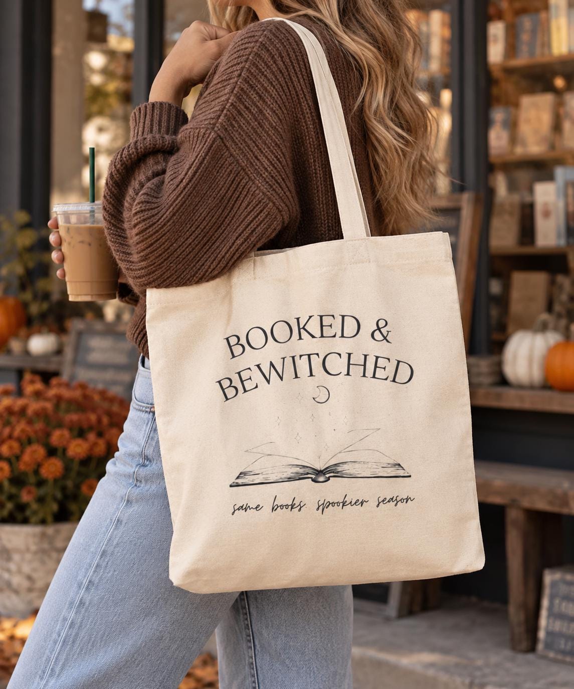Booked & Bewitched Book Tote Bag, Fall Bookish Canvas Tote, Spooky Season Reader Bag