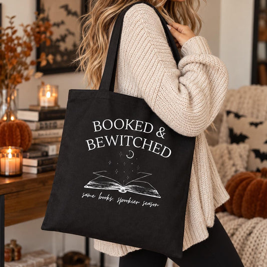 Booked & Bewitched Book Tote Bag, Fall Bookish Canvas Tote, Spooky Season Reader Bag